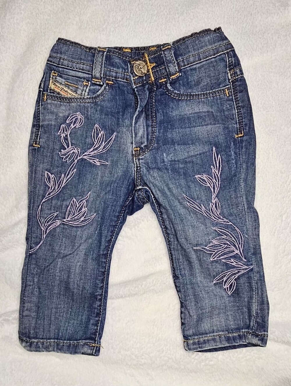 Authentic Diesel Girls Blue Denim Jeans with Pink Floral Stitching Like New 6mo